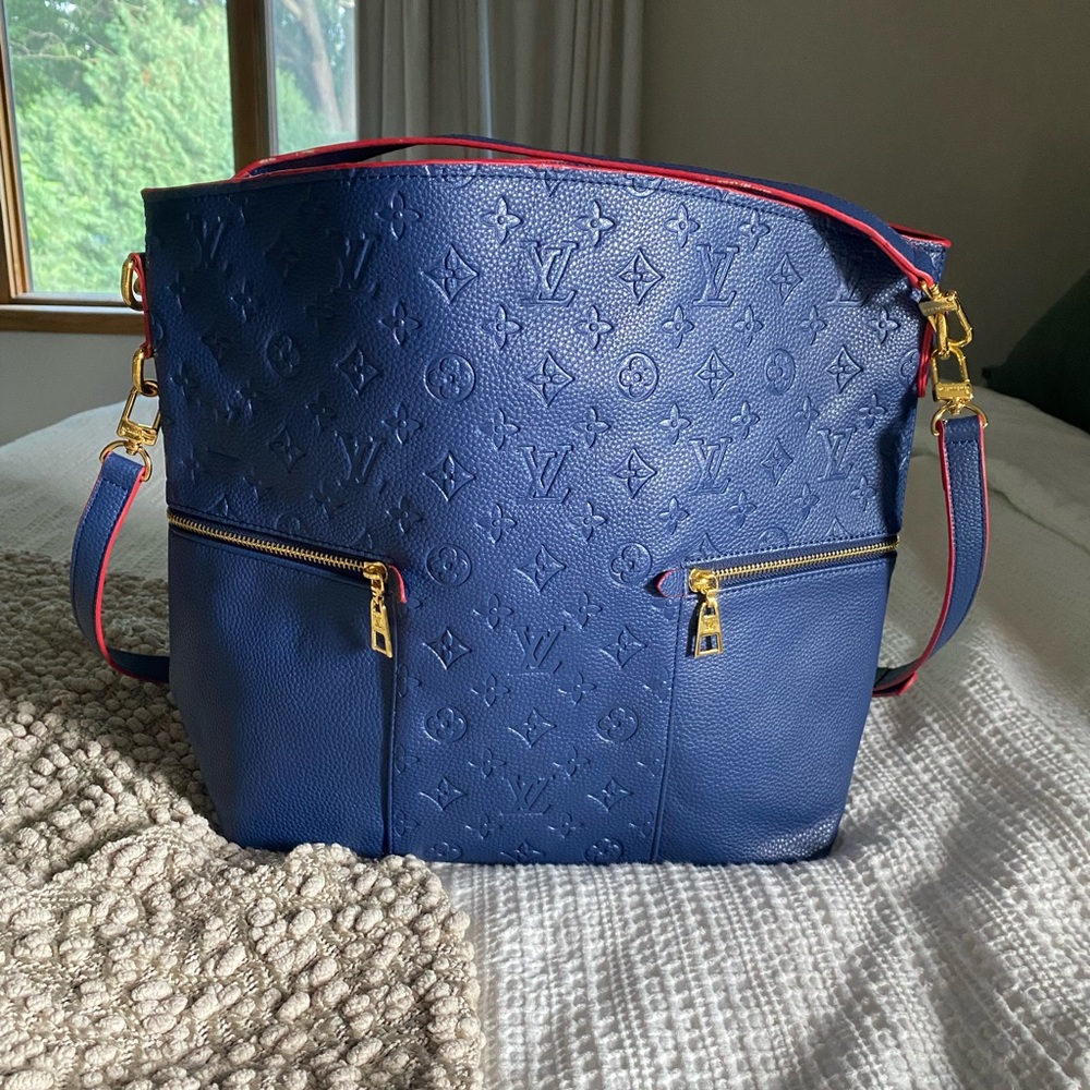 Blue Designer Embossed Leather Tote Bag